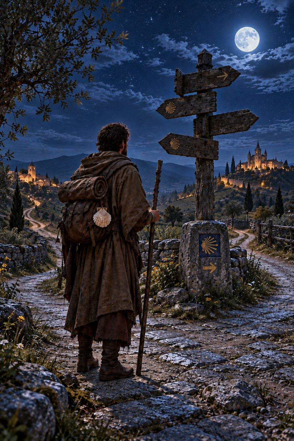 A lone pilgrim at a moonlit crossroads beside a signpost with many arrows and a waystone carved with a shell