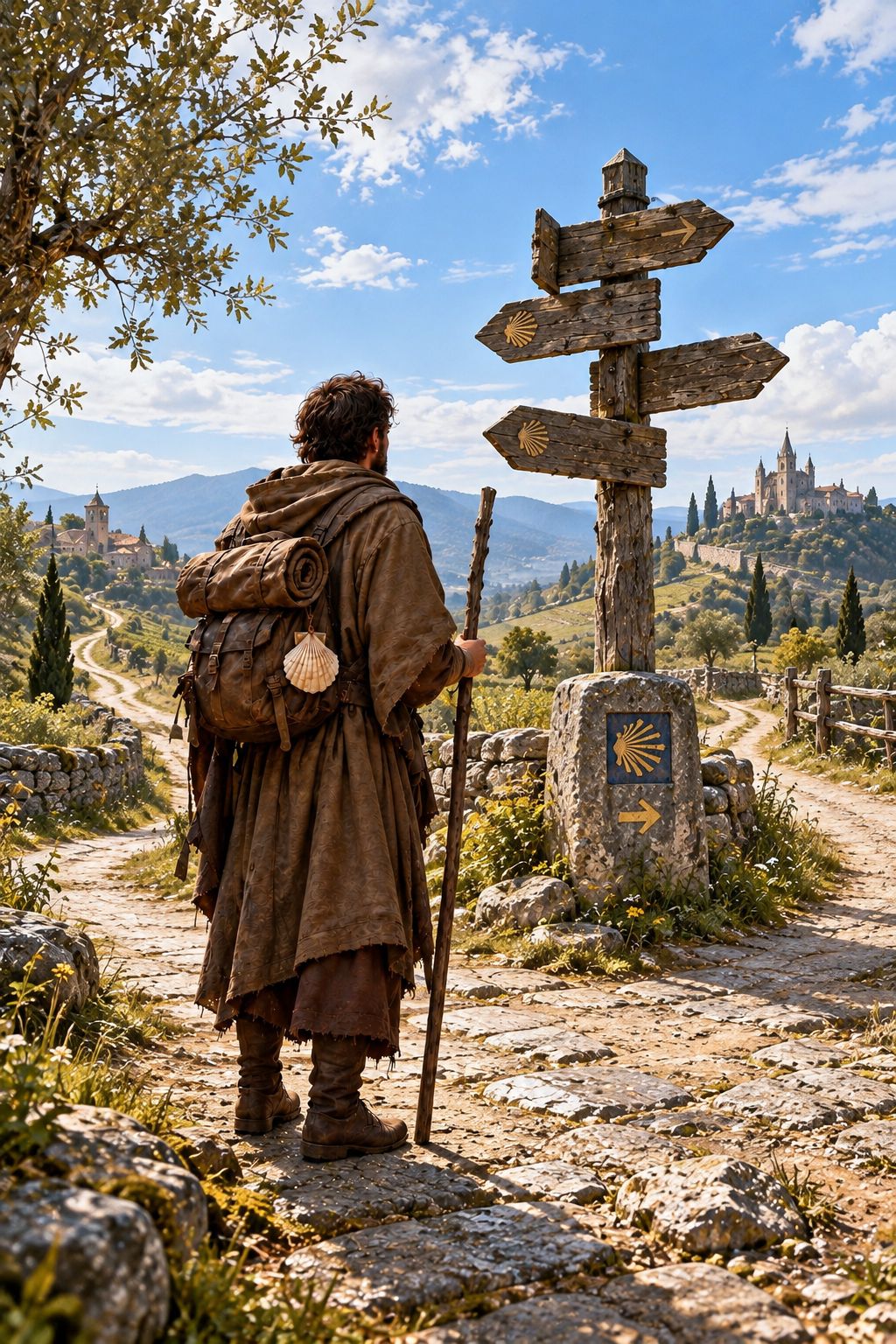 The pilgrim at the crossroads in morning light